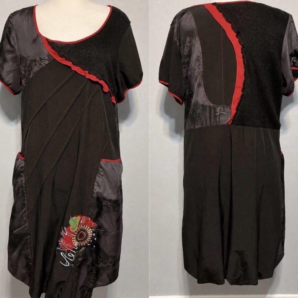 Taillissime Art To Wear Dress Black Red Embroidered Pocket Tunic Bubble Hem 18W